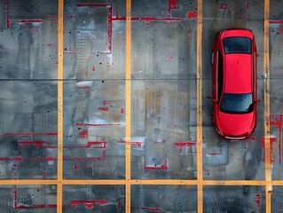 Top View of a Minimalist Car Parking Lot with Clear Concrete Walls and a Red Vehicle
