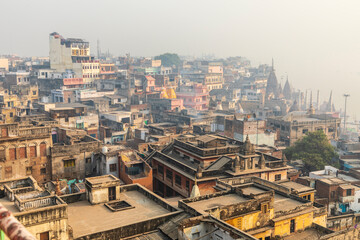 India, Uttar Pradesh, Varanasi. Overview of a section of the city near the ghats on the Ganges...