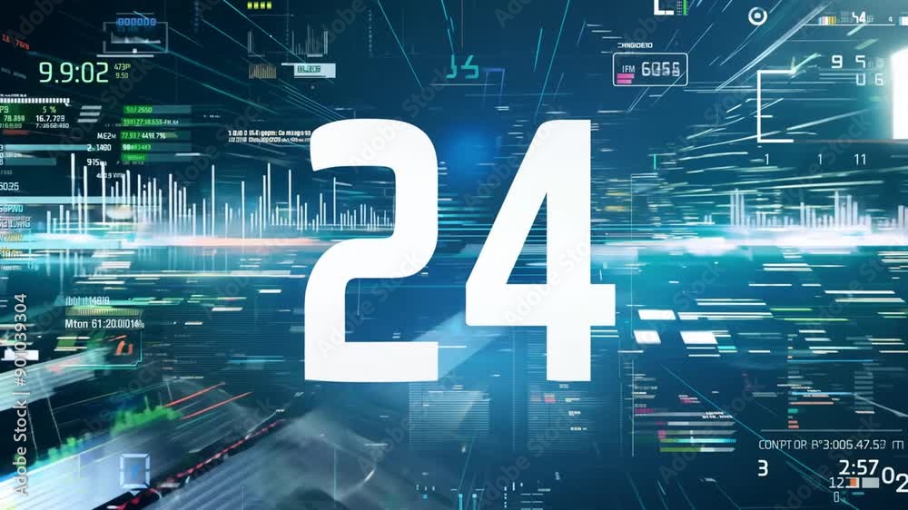 Poster dynamic numbers in a high-tech digital landscape with flowing data at dusk generative ai