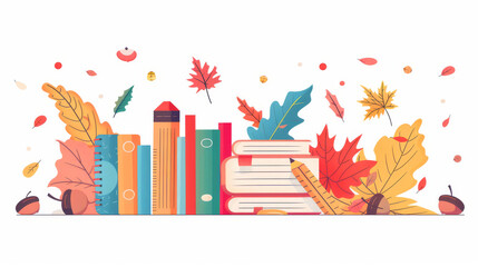 Colorful Autumn Books and Leaves Illustration - Cozy Fall Reading Concept with Books and Autumn Leaves