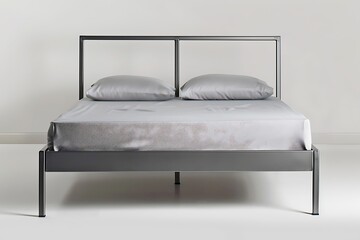 metal bed frame with a simple headboard and footboard set against a white background The clean lines and sturdy construction highlight a modern aesthetic