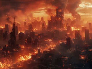 A dramatic scene of a city engulfed in flames, depicting chaos and destruction under a fiery sky. Perfect for disaster-themed projects.