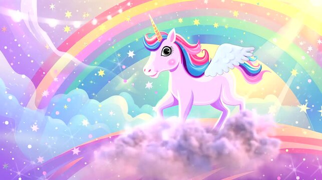Adorable cartoon unicorn with a rainbow and stars in a dreamy sky. Seamless loop video background