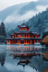 Obraz premium Traditional Chinese Pagoda Reflected in Misty Lake