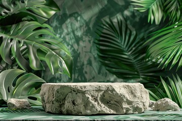 Stone Platform Surrounded by Lush Green Tropical Foliage