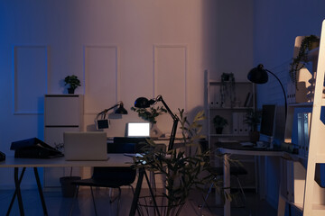 Interior of dark office with desks, shelf units and plants