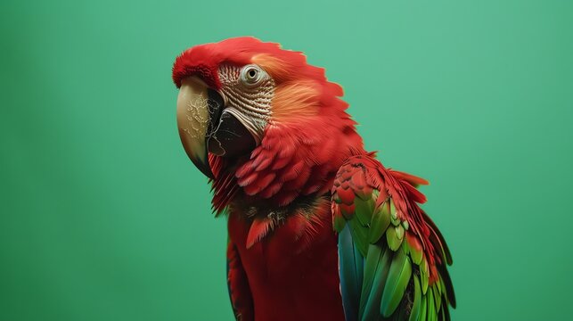 A red and green macaw parrot on a green screen.