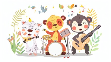 Naklejka premium Three cute cartoon animals are playing music in a forest.