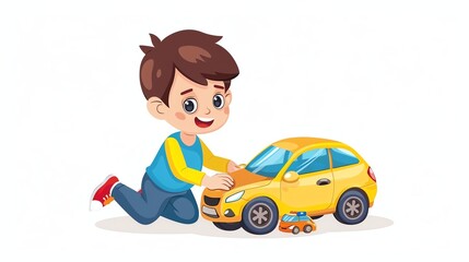A cartoon boy playing with toy cars.
