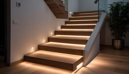 Wooden stairs with LED lighting along the steps, creating a warm and modern ambiance. The stairs appear to be in a residential or commercial setting, with a minimalist and contemporary design