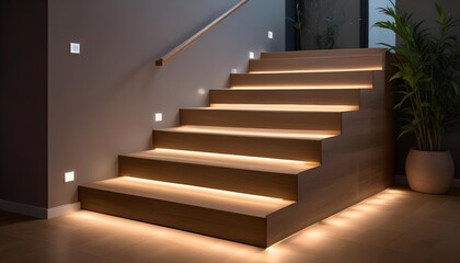 Fototapeta premium Wooden stairs with LED lighting along the steps, creating a warm and modern ambiance. The stairs appear to be in a residential or commercial setting, with a minimalist and contemporary design