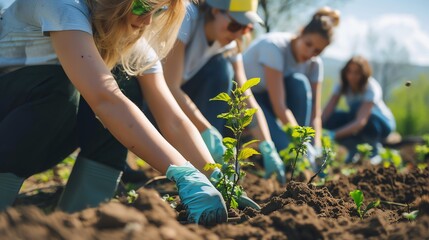 A group of volunteers plant a tree sapling.
