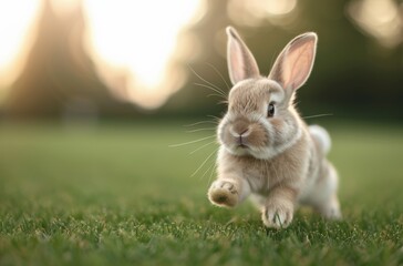 Fototapeta premium A cute rabbit joyfully running through a green field during sunset, capturing the essence of vitality and natural beauty.