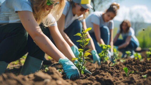 A group of volunteers plant a tree sapling.