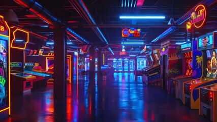 A row of vintage arcade games lit with neon lights.