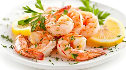 Succulent steamed shrimp garnished with fresh herbs and lemon slices.
