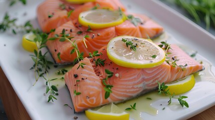 Freshly steamed salmon fillets garnished with lemon slices and herbs.