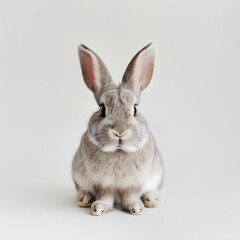 Fototapeta premium Sweet little bunny with long ears and soft fur on a white background, looking adorable and curious.