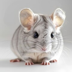 Sweet little chinchilla with soft fur and big eyes on a white background, looking endearing and gentle.