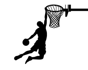 vector silhouette of a male basketball player slam dunk, scoring the ball to the net, transparent background