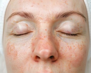 Naklejka premium Closeup of a patient s face immediately after a chemical peel, showing fresh, rejuvenated skin, chemical peel, skin resurfacing
