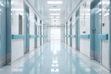 Fototapeta premium Empty Bright Modern Hospital Corridor With Symmetrical Doors and Lighting