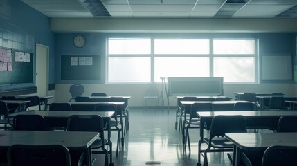 Empty Classroom with Desks and Chairs