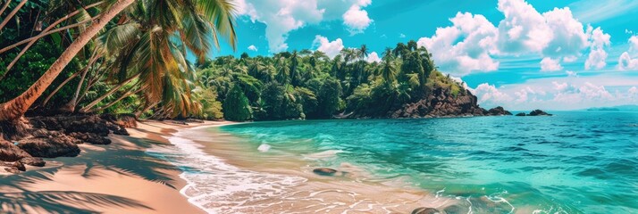 Tropical beach with palm trees and turquoise water in ocean. Paradise island on sunny day. Trip, travel and vacation