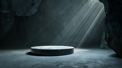 Sleek modern podium with a metallic finish set against a rugged rock surface.