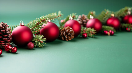 Red Christmas Ornament Garland with Pine Cones on a Green Background. Copy Space