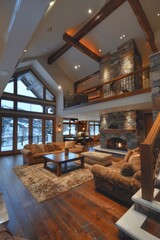 Naklejka premium Cozy Living Room with Fireplace and Loft View