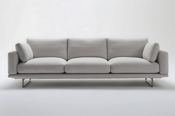 Obraz premium sofa with clean lines upholstered in a soft gray fabric featuring sleek metal legs set against a white background The design emphasizes comfort and style