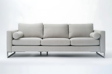 Fototapeta premium sofa with clean lines upholstered in a soft gray fabric featuring sleek metal legs set against a white background The design emphasizes comfort and style