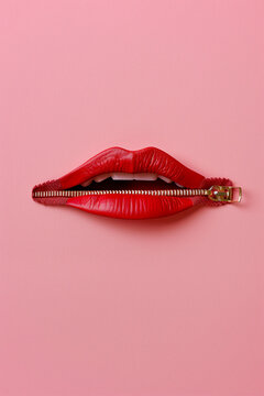 Red zipper mouth on a pink background, communication and women's issues concept