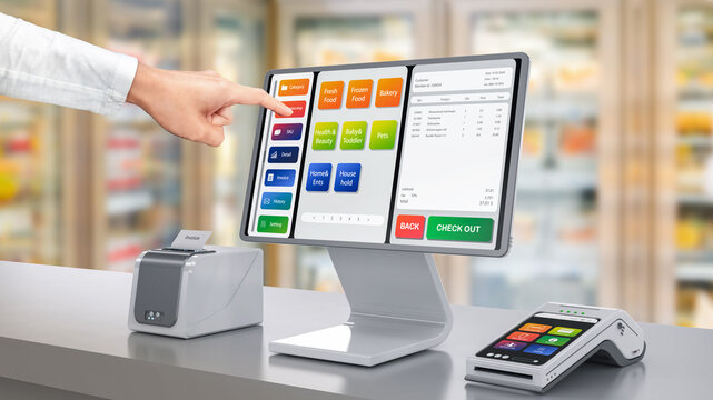 Touch screen point of sale system or cash register machine on desk with finger point