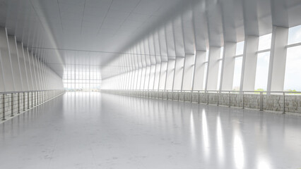 Empty airport walkway interior with window glasses