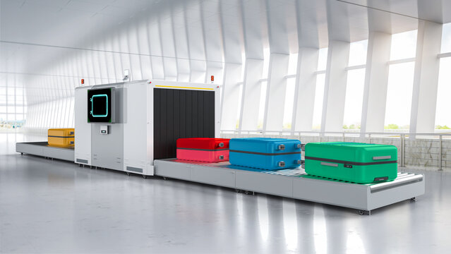Luggage scanner machine is scanning luggage in airport