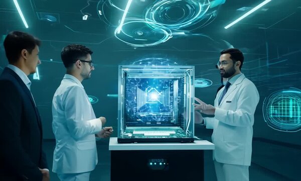 The camera dynamically follows a group of scientists in a state-of-the-art laboratory as they gather around a sleek quantum computer. The environment is bathed in cool blue and green hues from advance