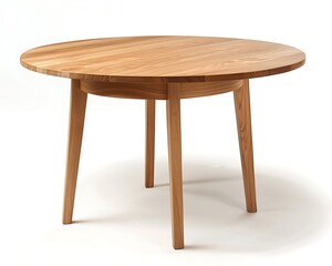 A round dining table made of solid oak with a polished surface and sturdy legs set against a white background The natural wood grain and elegant design create a warm inviting look