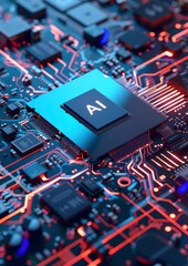 Obraz premium AI Chip on Circuit Board with Red Glow