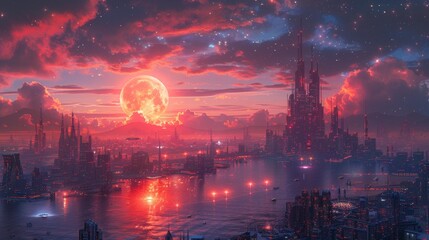 Futuristic cityscape with red moon and stars - generative ai