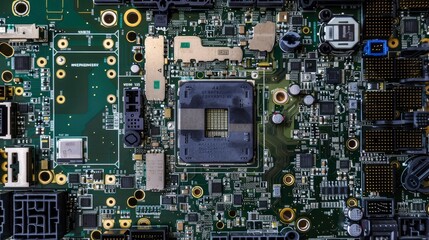 Green Motherboard with CPU Socket and Components