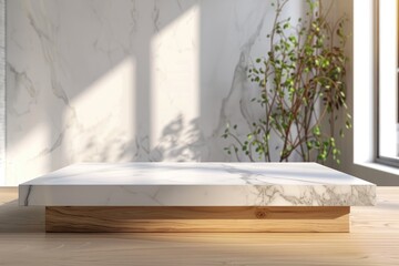 White Marble Platform on Wooden Surface with Blurred Background
