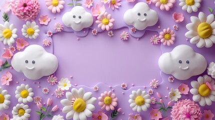 A purple background with a frame of flowers and clouds.