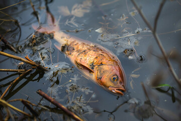 Fish dead killed from polluted water in lake pond.