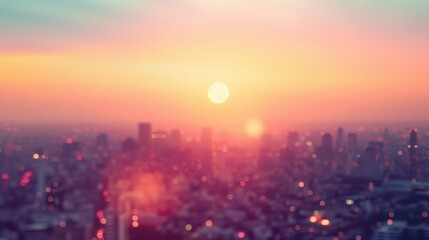 Fototapeta premium Blurred cityscape at sunset with vibrant hues of pink, orange, and purple, creating a dreamy and atmospheric scene.