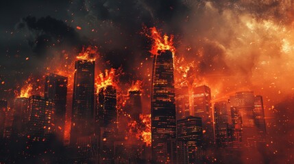 Fototapeta premium Skyscrapers engulfed in flames and smoke at night, creating a scene of urban destruction and chaos.