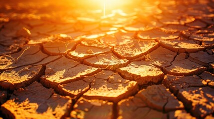 Sunset over a cracked, parched land, highlighting drought and extreme weather conditions.