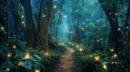 Obraz premium Magical forest path lit by thousands of glowing fireflies at dusk, creating an enchanting and mystical scene.