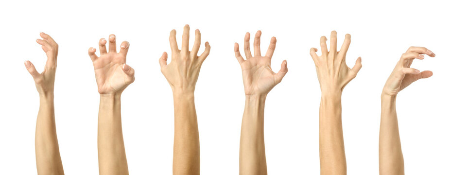 Scratch, catch or grab something. Multiple images set of female caucasian hand with french manicure showing Scratch gesture